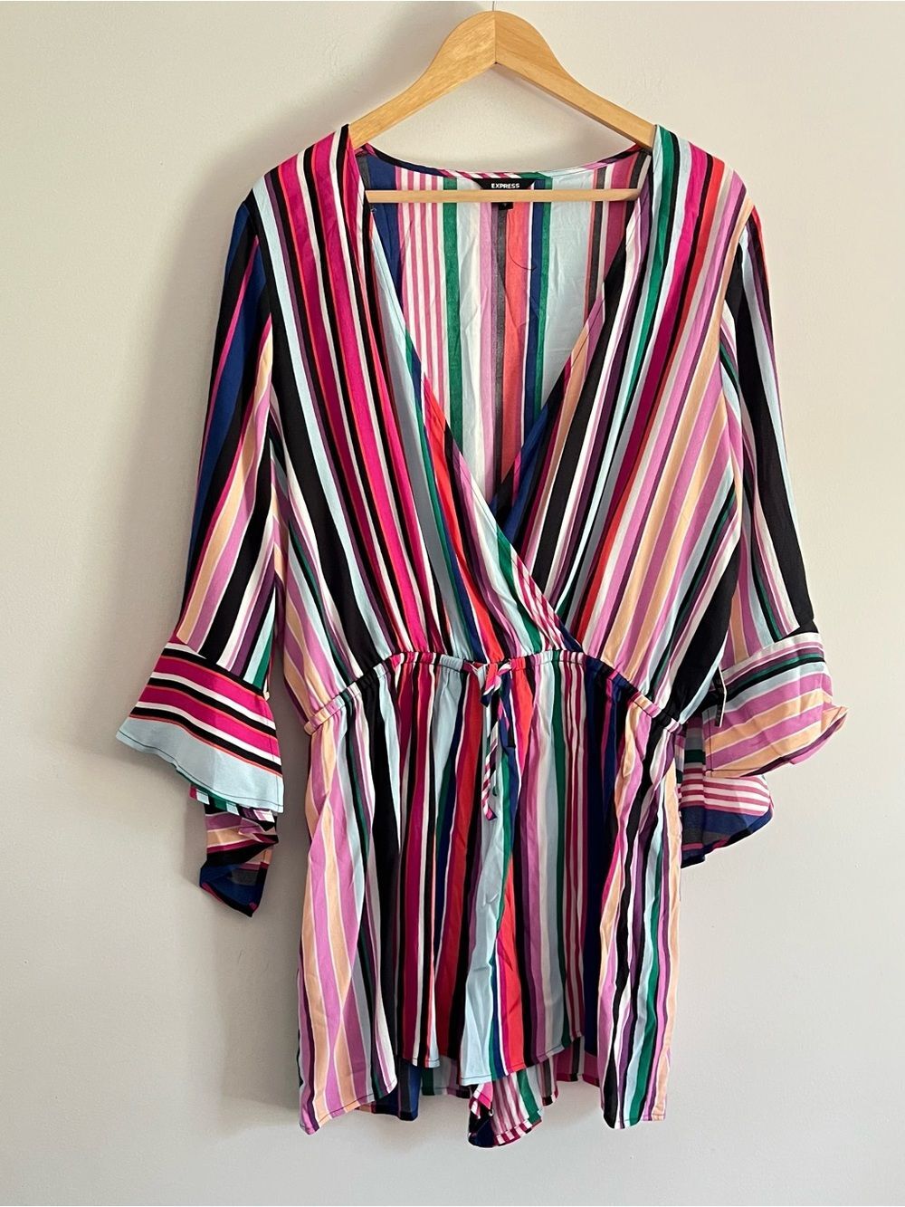 Express Women's Wrap Front Romper Size Large Multi Striped 3/4 Bell Sleeves NWT